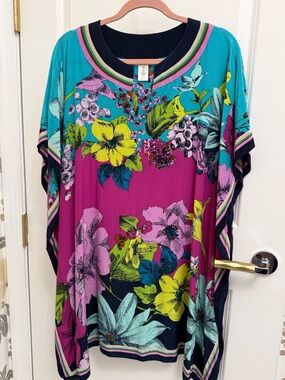 Trina Turk Teal Floral Tunic with Pink & Navy Accents